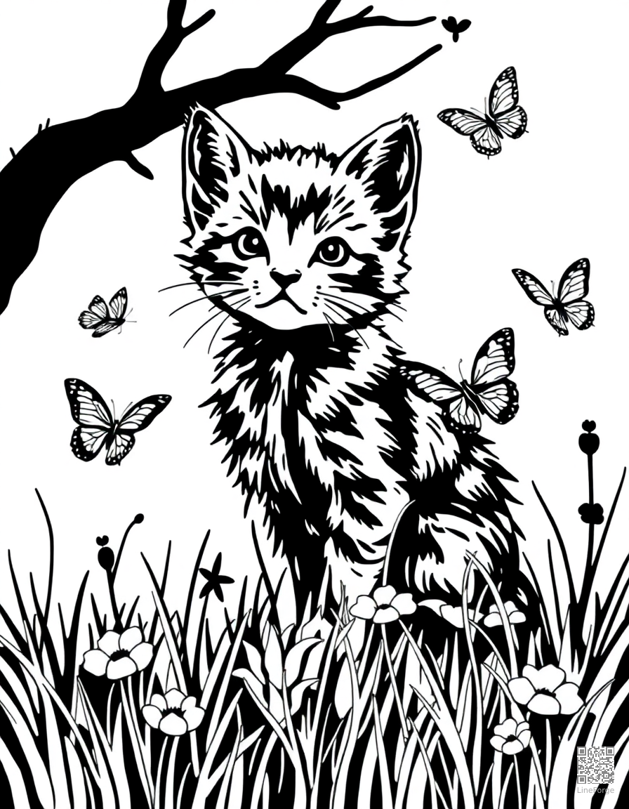 A kitten playing with butterflies in a meadow coloring page Woodcut style - free printable