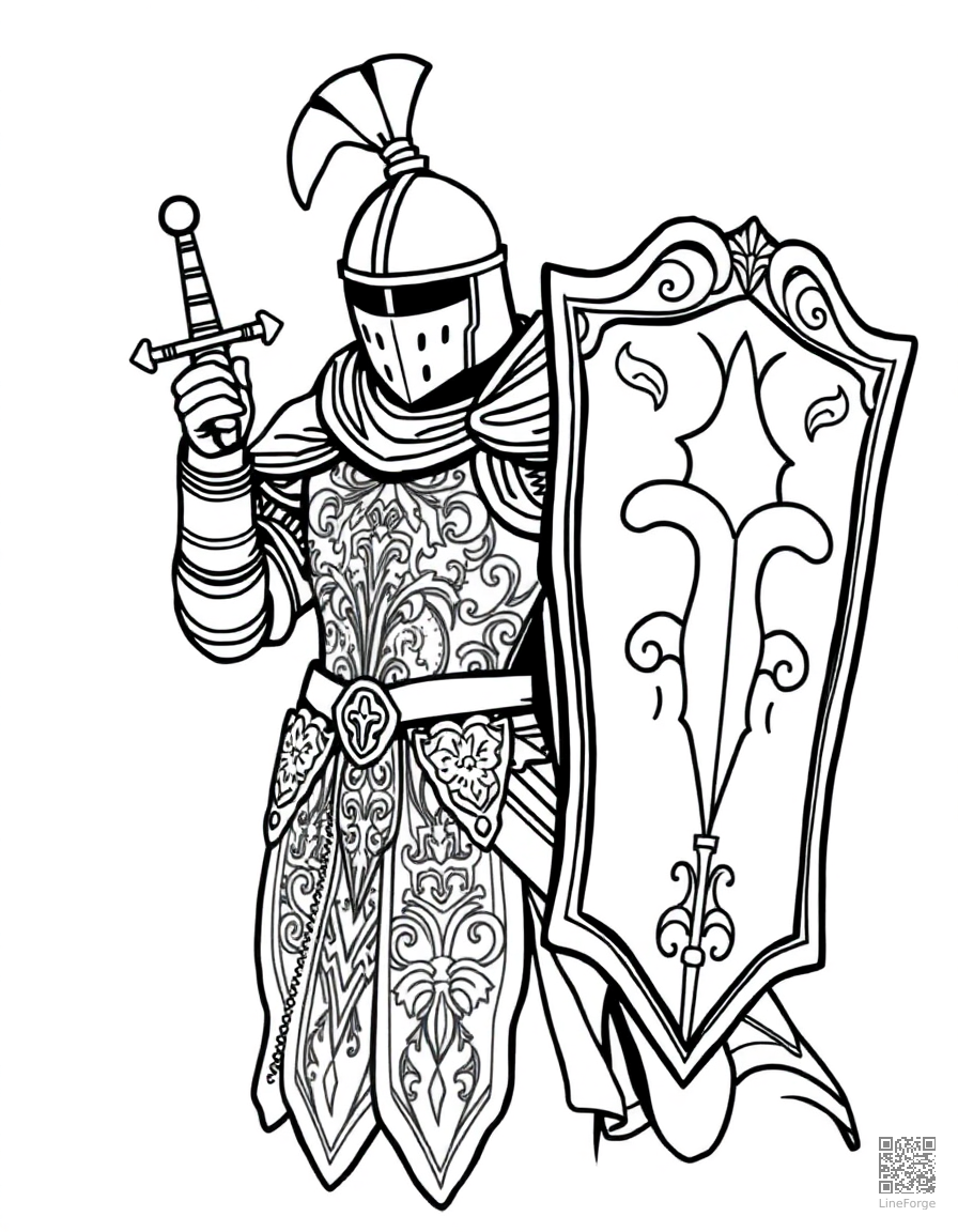 A knight in ornate armor with a sword and shield coloring page Contour style free printable