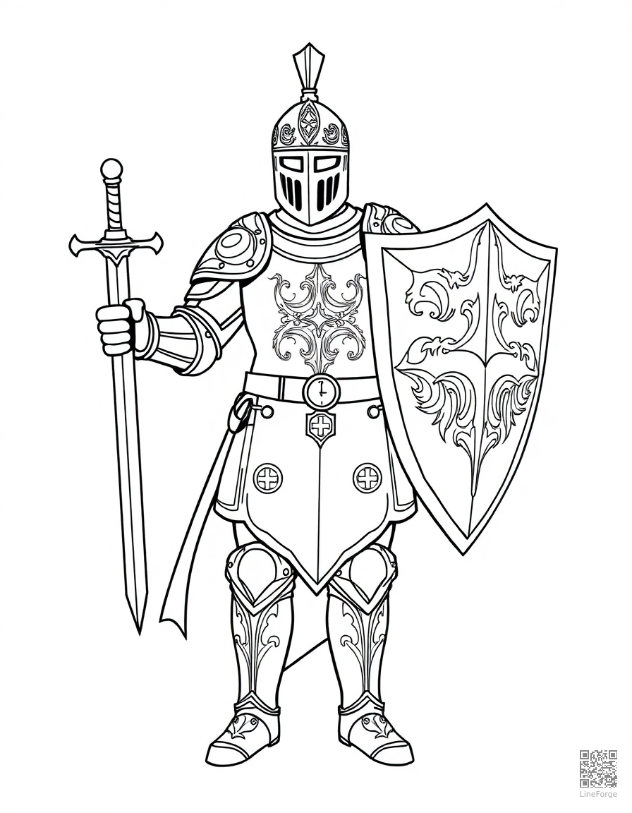 A knight in ornate armor with a sword and shield coloring page Contour style free printable