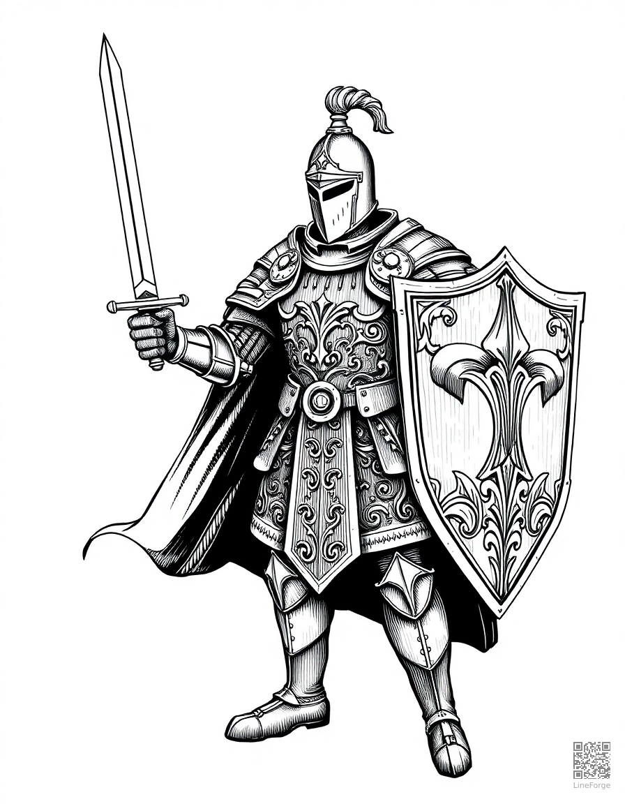 A knight in ornate armor with a sword and shield coloring page Crosshatch style free printable