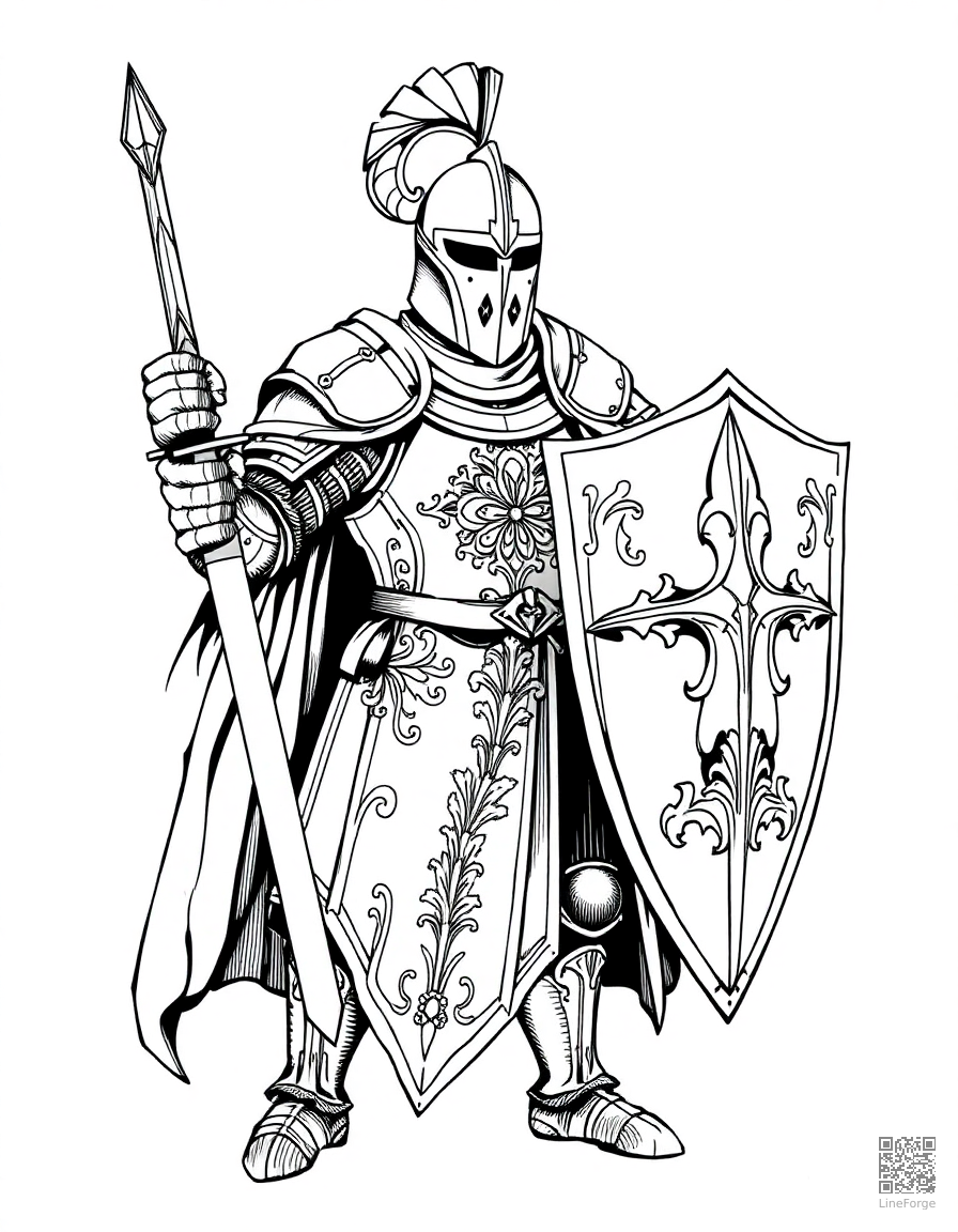 A knight in ornate armor with a sword and shield coloring page Crosshatch style free printable
