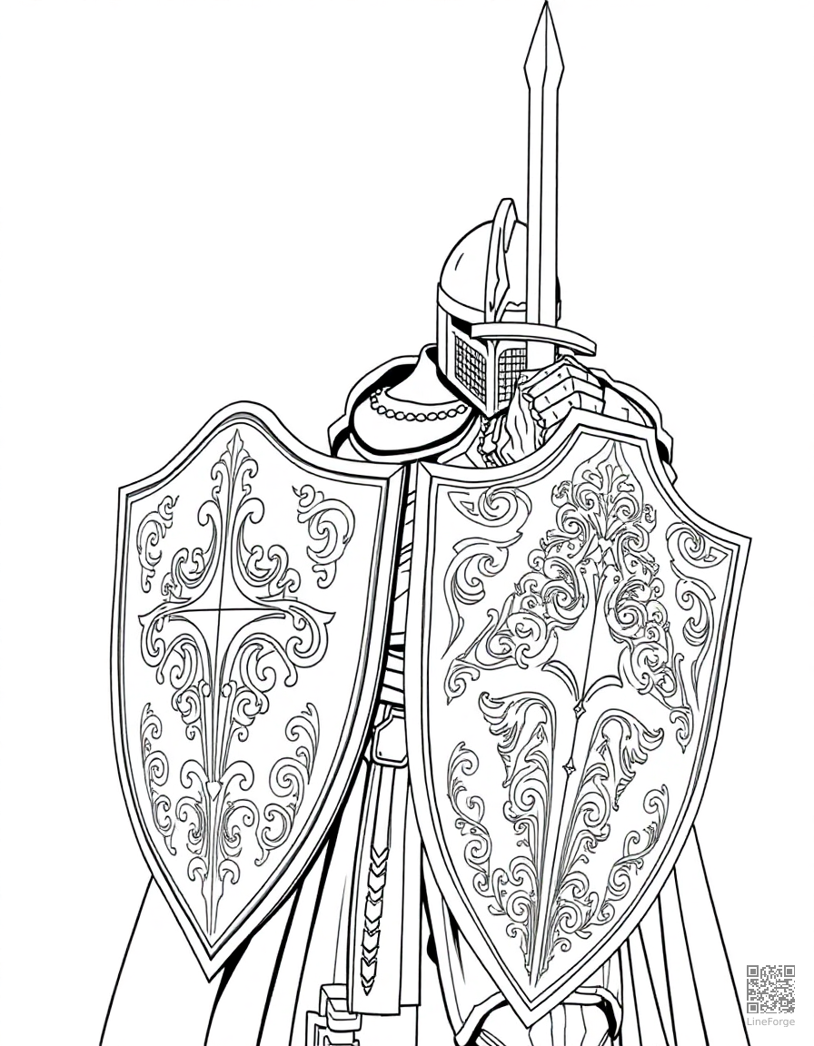 Free a knight in ornate armor with a sword and shield coloring page in manga style — printable line art