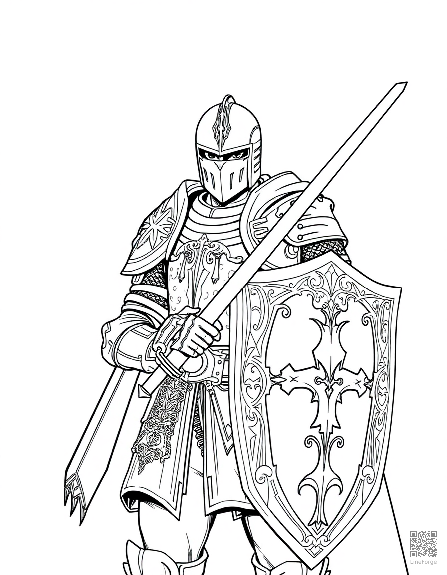 Free a knight in ornate armor with a sword and shield coloring page in manga style — printable line art