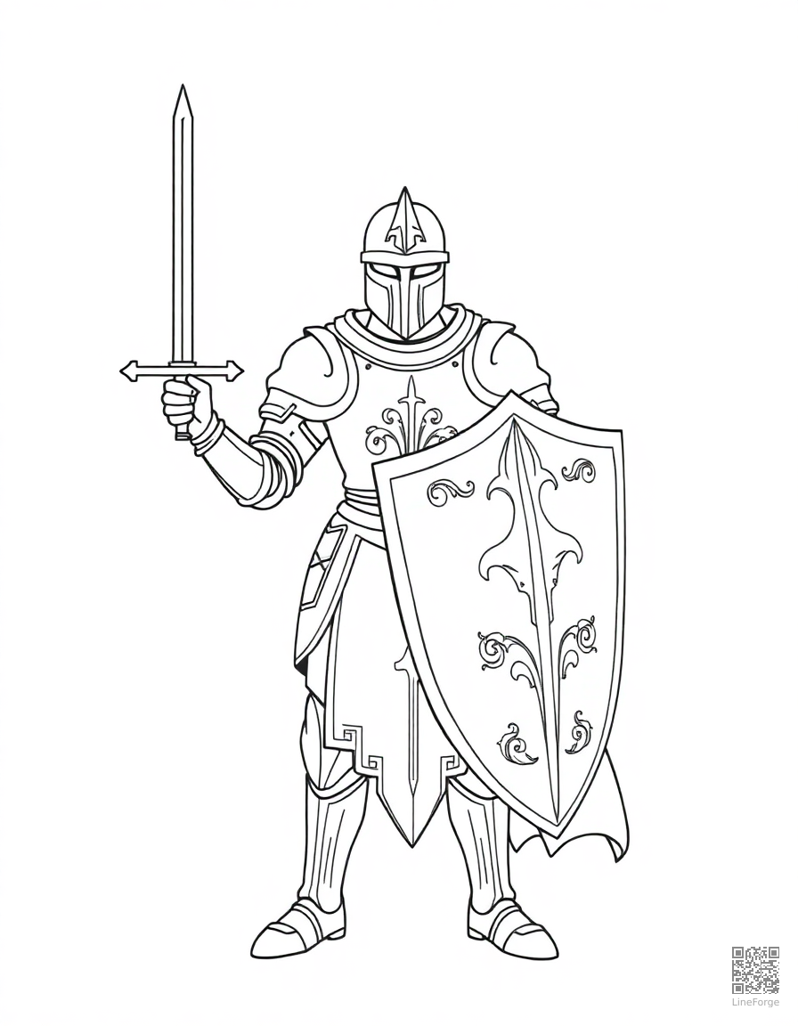 A knight in ornate armor with a sword and shield coloring page Minimal style - free printable