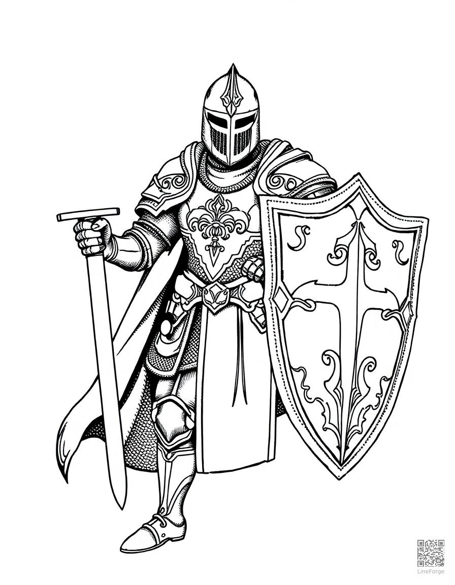 A knight in ornate armor with a sword and shield coloring page Stipple style free printable