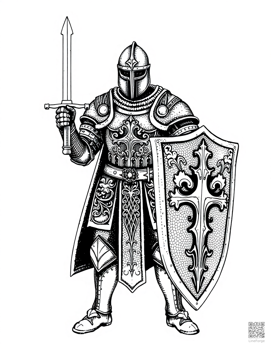 A knight in ornate armor with a sword and shield coloring page Stipple style free printable