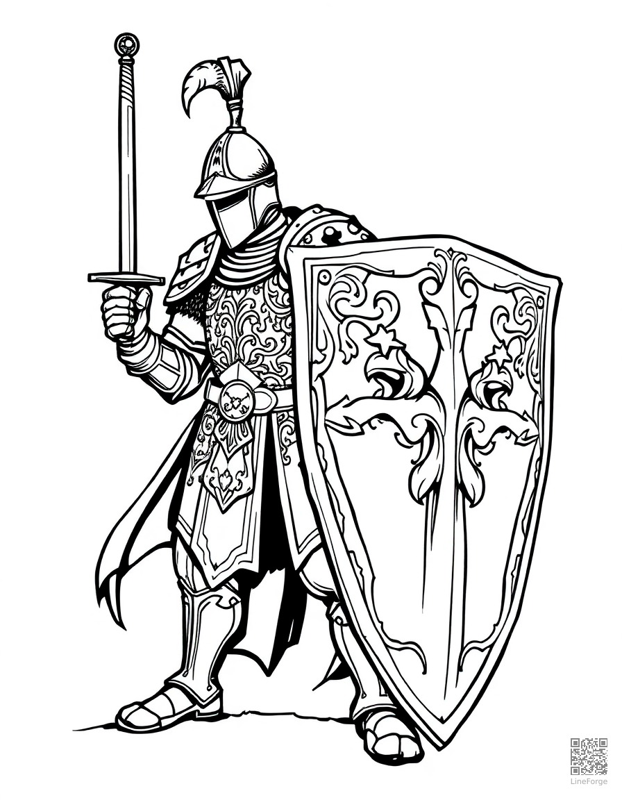 A knight in ornate armor with a sword and shield coloring page Woodcut style - free printable