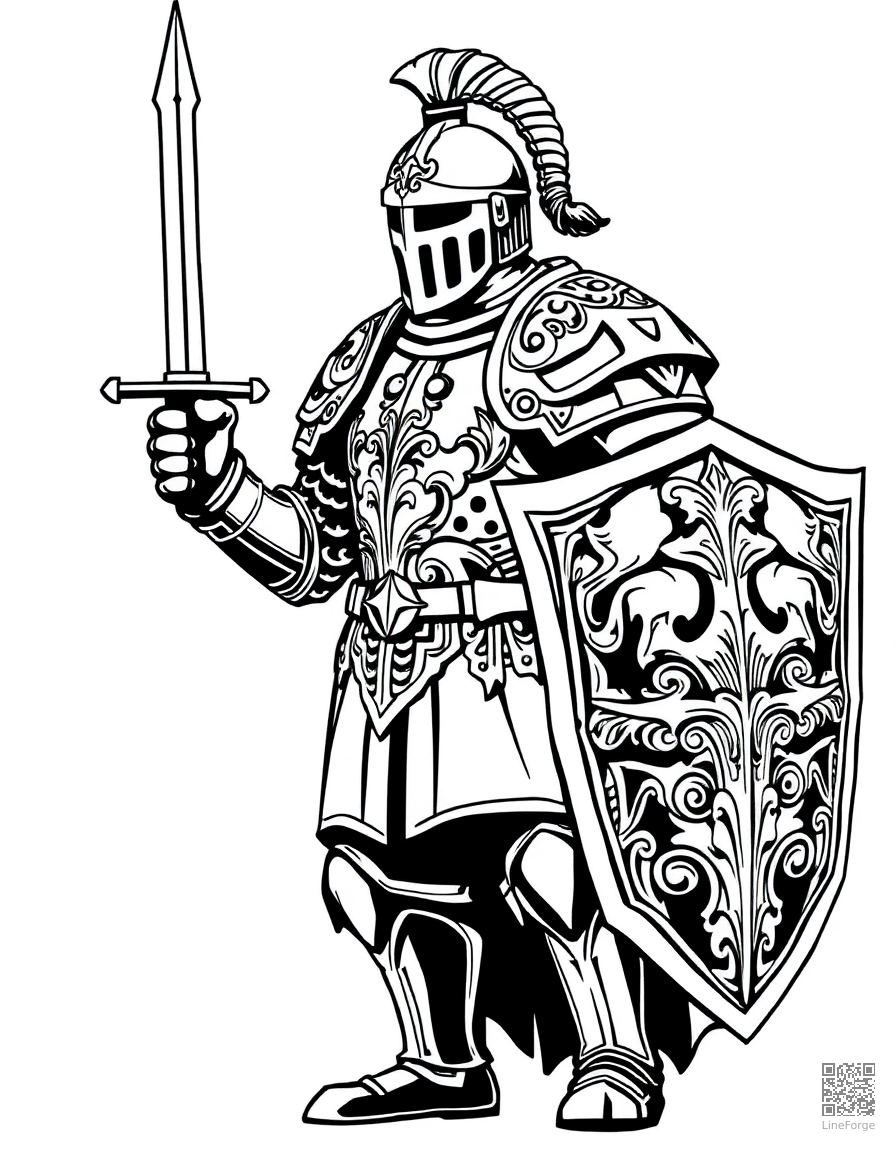 Free a knight in ornate armor with a sword and shield coloring page in woodcut style — printable line art