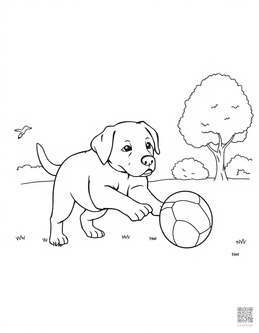 Free a labrador puppy fetching a ball in a park coloring page in contour style — printable line art