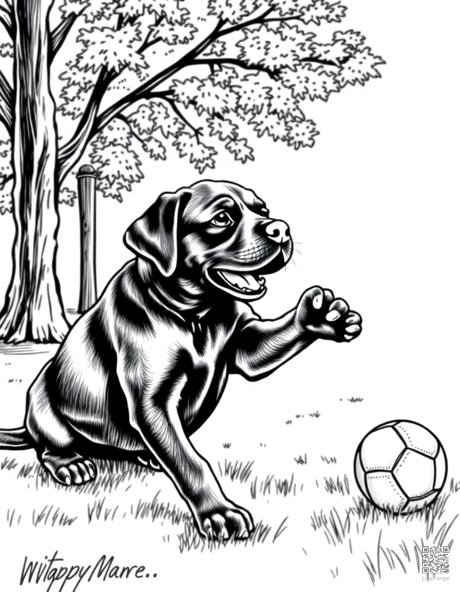 A labrador puppy fetching a ball in a park coloring page Crosshatch style - free printable