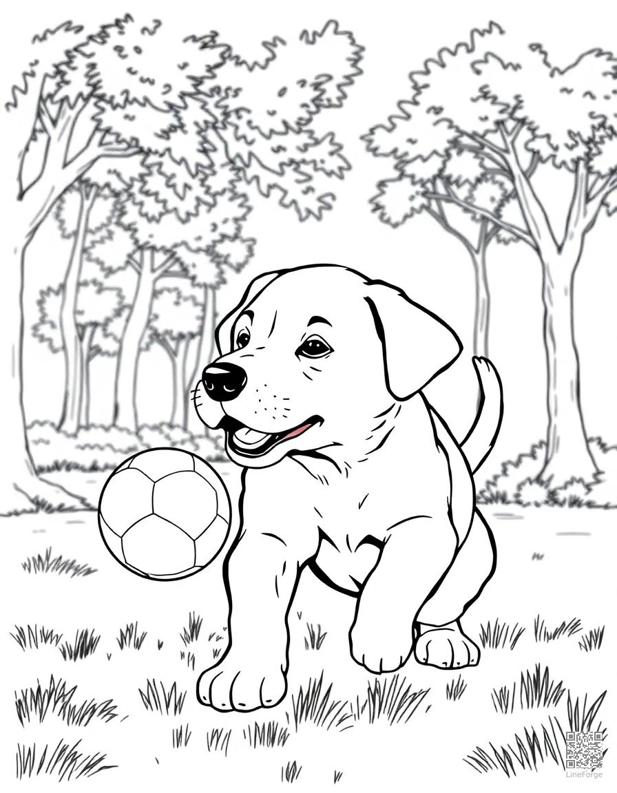 A labrador puppy fetching a ball in a park coloring page Manga style - free printable