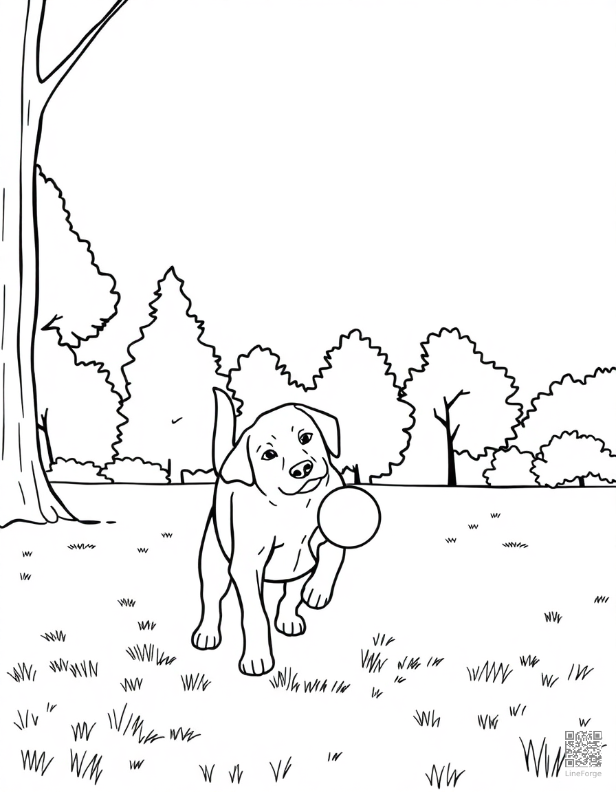 A labrador puppy fetching a ball in a park coloring page Minimal style - free printable