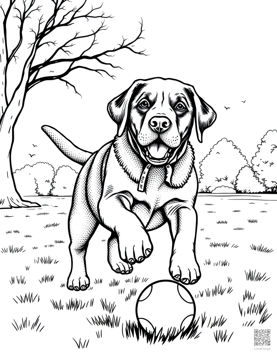 A labrador puppy fetching a ball in a park coloring page Stipple style - free printable