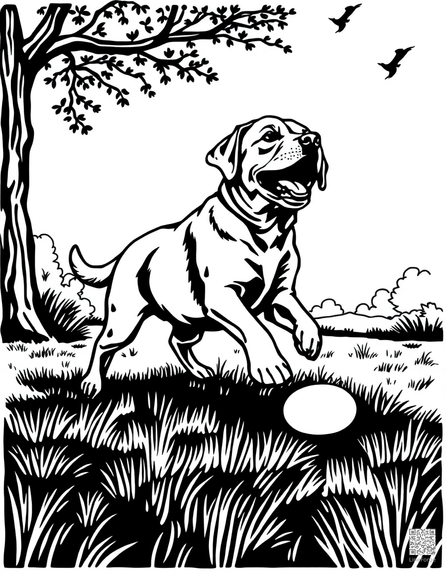 A labrador puppy fetching a ball in a park coloring page Woodcut style - free printable