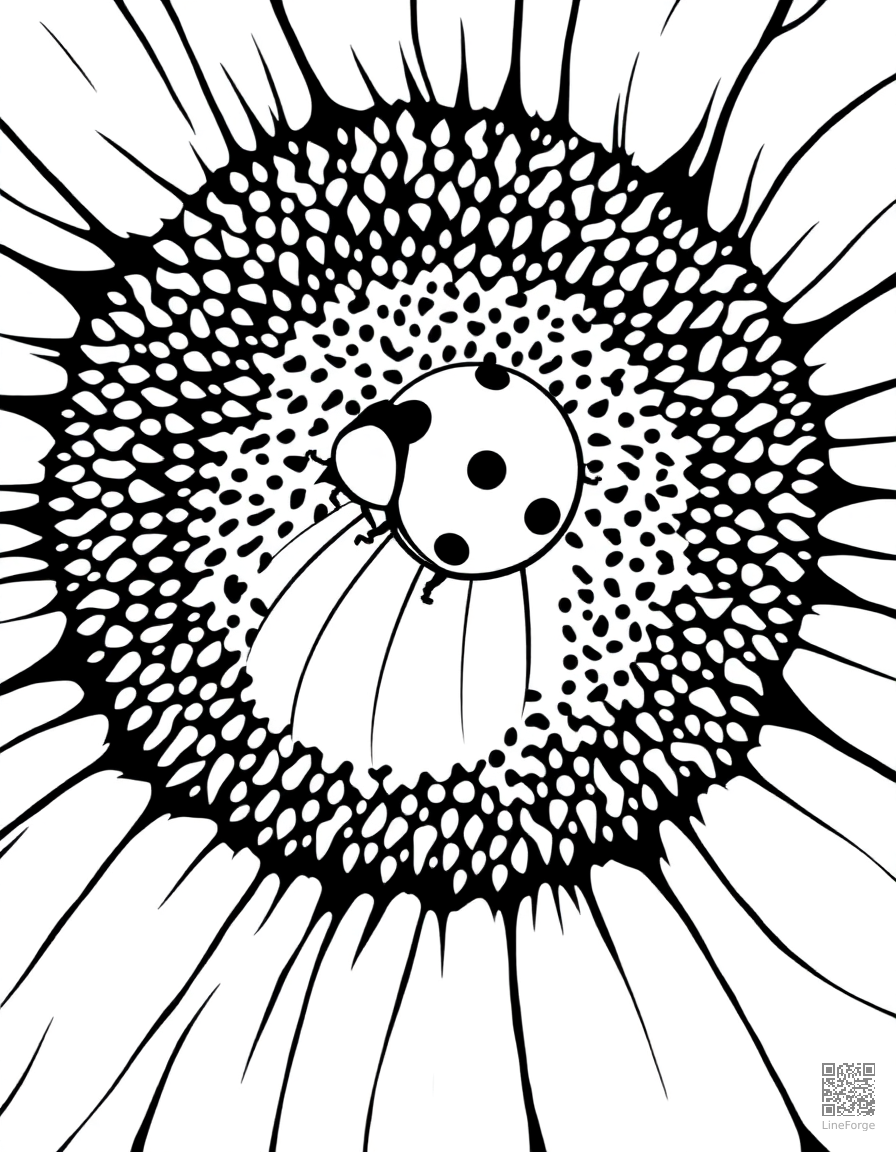 A ladybug crawling on a sunflower petal coloring page Contour style - free printable