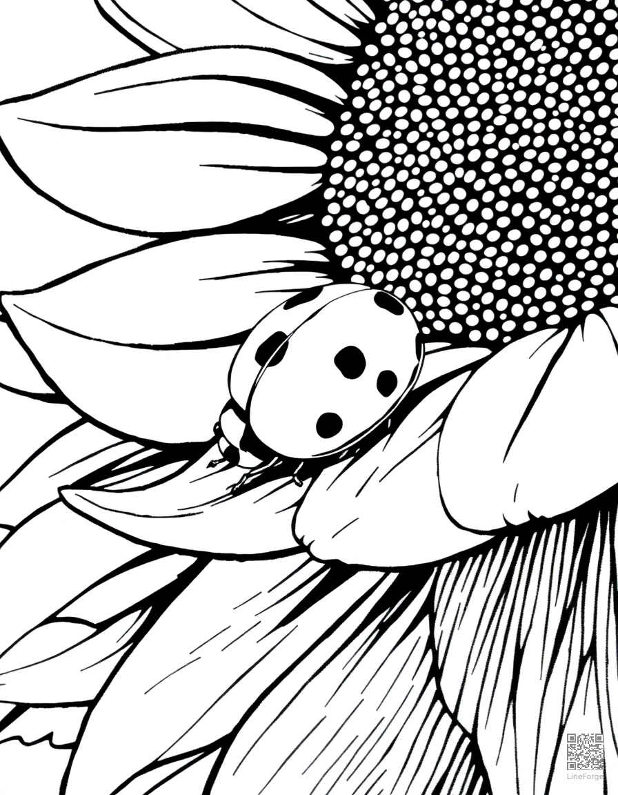 A ladybug crawling on a sunflower petal coloring page Crosshatch style - free printable
