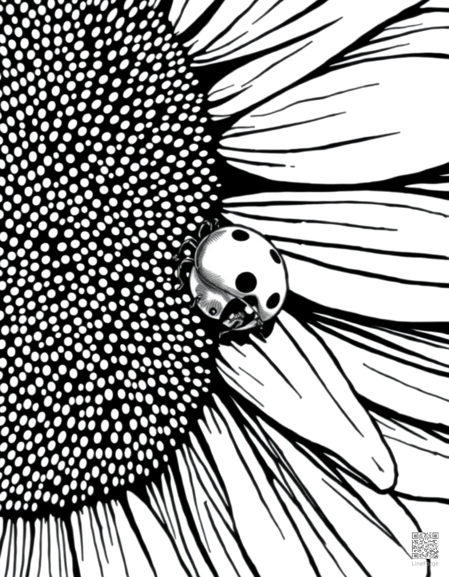 A ladybug crawling on a sunflower petal coloring page Crosshatch style - free printable