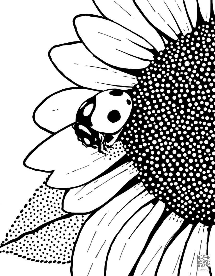 A ladybug crawling on a sunflower petal coloring page Stipple style - free printable
