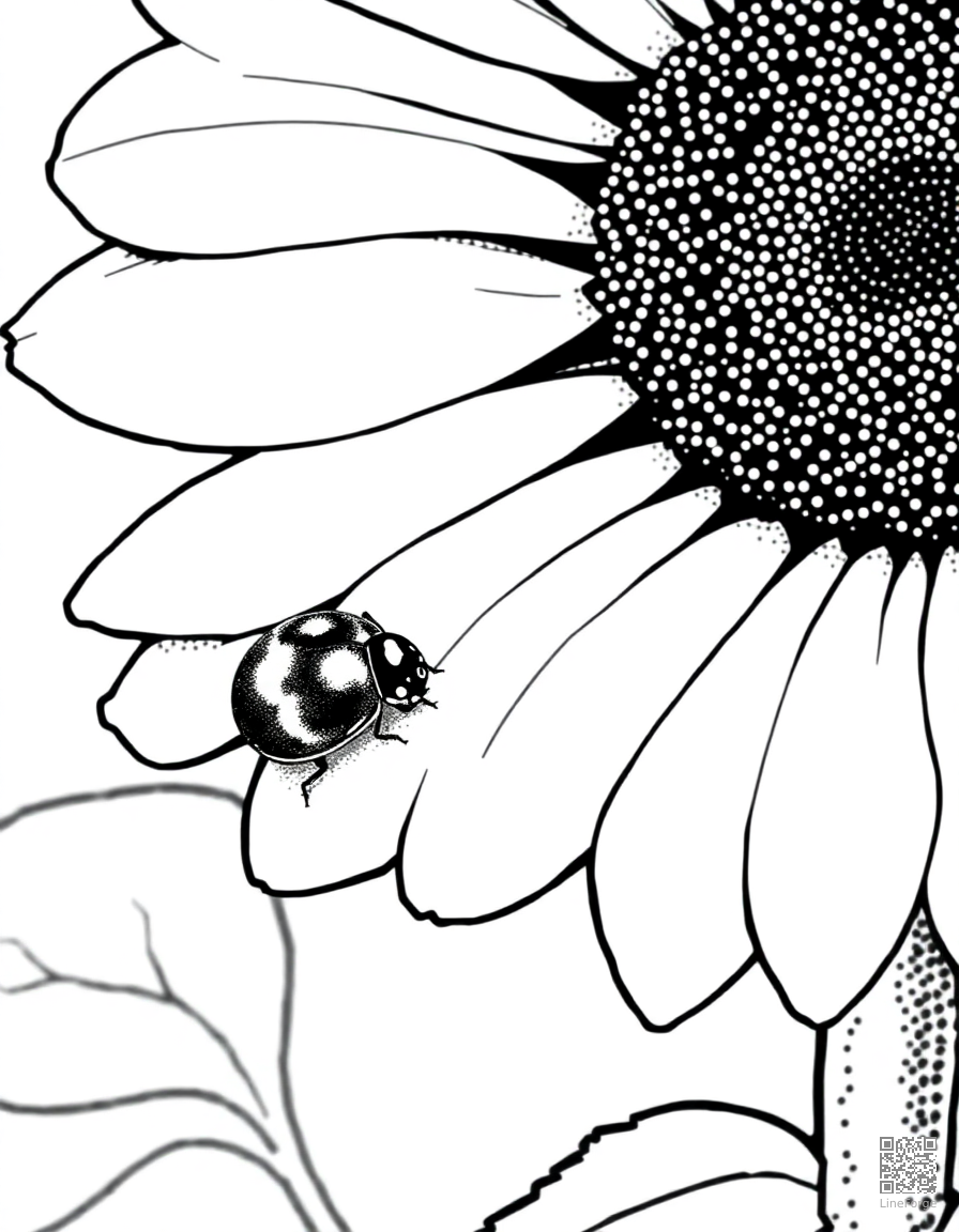 A ladybug crawling on a sunflower petal coloring page Stipple style - free printable