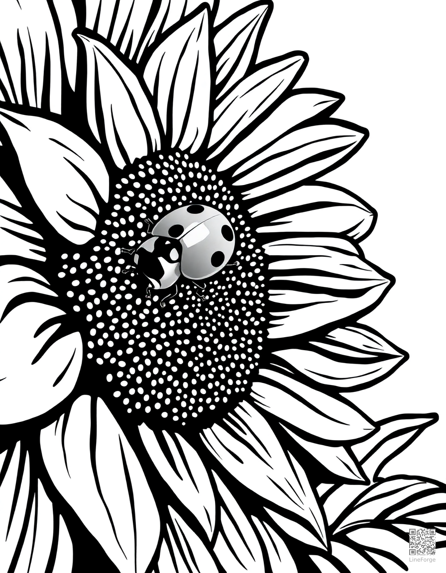 A ladybug crawling on a sunflower petal coloring page Woodcut style - free printable