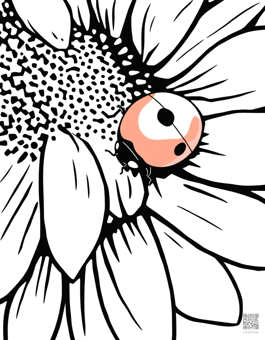 A ladybug crawling on a sunflower petal coloring page Woodcut style - free printable