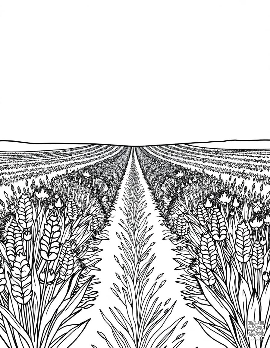 A lavender field stretching to the horizon coloring page Contour style free printable