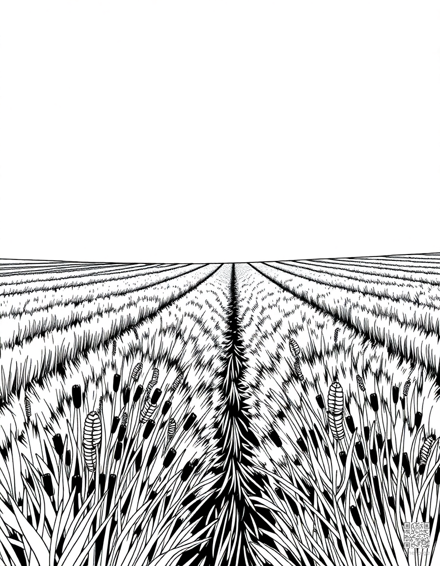 A lavender field stretching to the horizon coloring page Crosshatch style - free printable