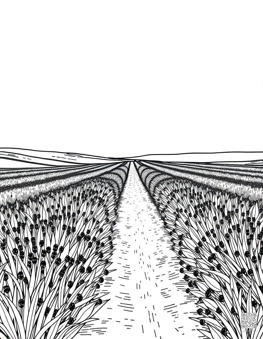 A lavender field stretching to the horizon coloring page Crosshatch style - free printable