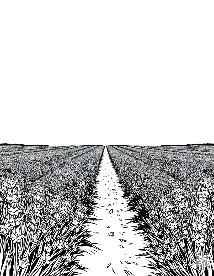 A lavender field stretching to the horizon coloring page Manga style free printable