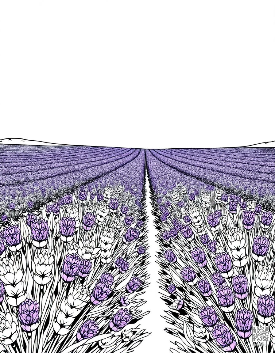 A lavender field stretching to the horizon coloring page Manga style free printable