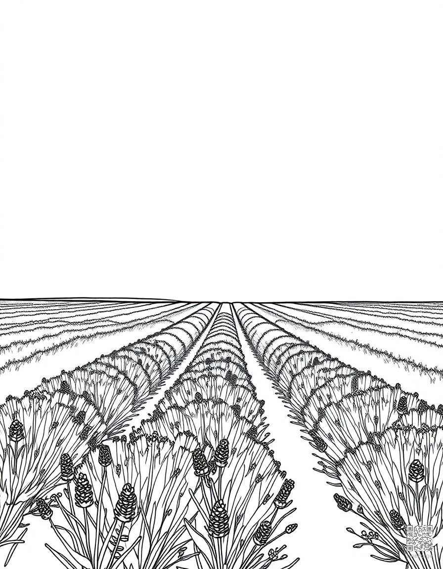 A lavender field stretching to the horizon coloring page Minimal style free printable