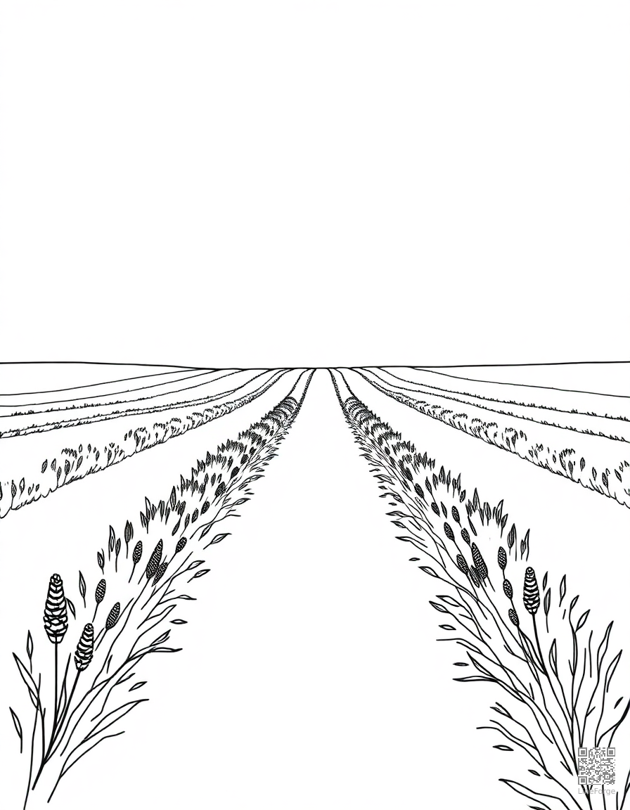 A lavender field stretching to the horizon coloring page Minimal style free printable