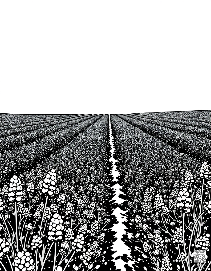 A lavender field stretching to the horizon coloring page Stipple style - free printable