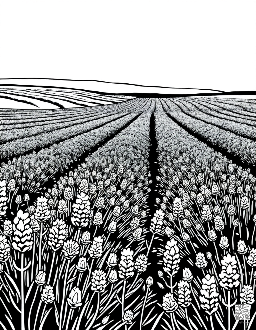 A lavender field stretching to the horizon coloring page Woodcut style - free printable