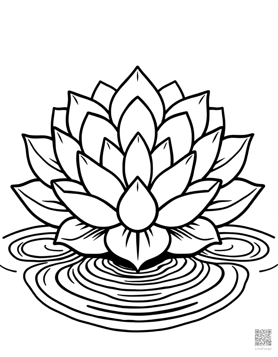 A lotus flower mandala with water ripple elements coloring page Contour style - free printable
