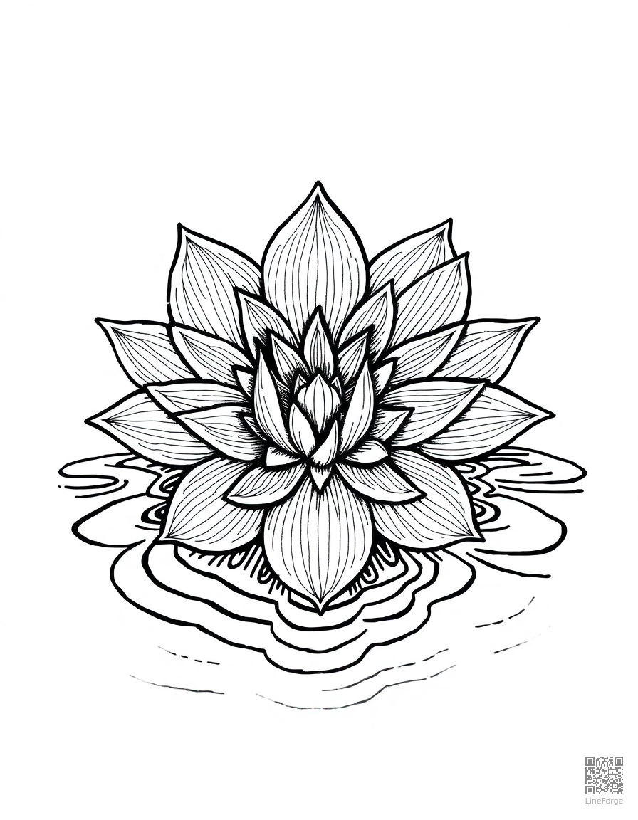 A lotus flower mandala with water ripple elements coloring page Crosshatch style - free printable