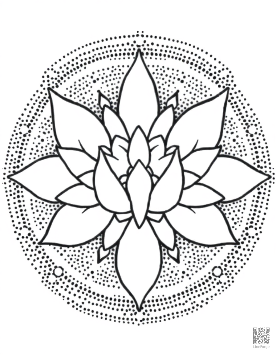 A lotus flower mandala with water ripple elements coloring page Stipple style - free printable