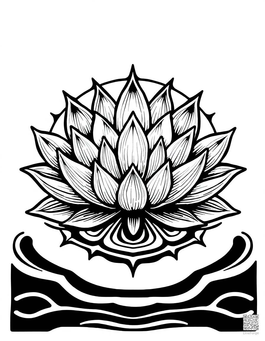 A lotus flower mandala with water ripple elements coloring page Woodcut style - free printable