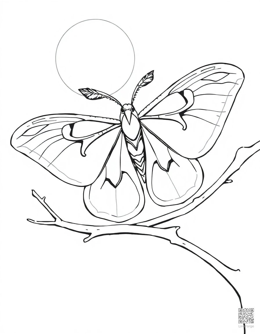 A luna moth with feathered antennae on a moonlit branch coloring page Contour style - free printable