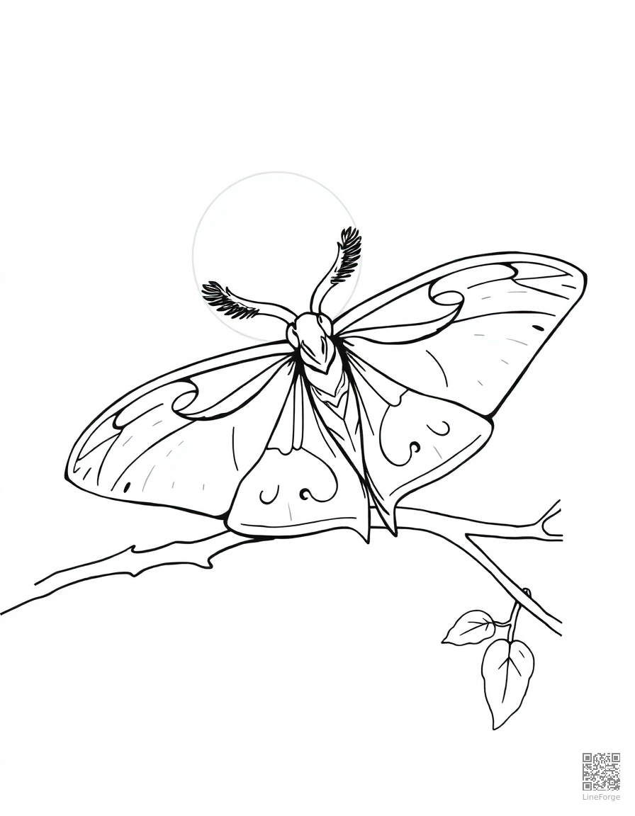 A luna moth with feathered antennae on a moonlit branch coloring page Contour style - free printable