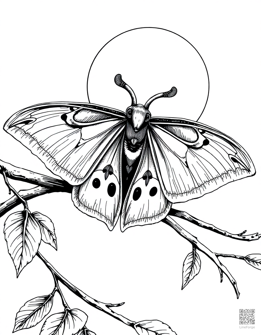 A luna moth with feathered antennae on a moonlit branch coloring page Crosshatch style free printable