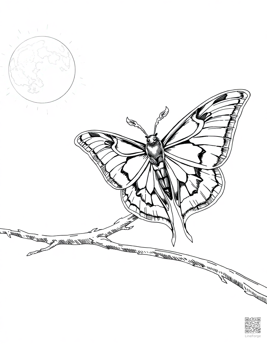 A luna moth with feathered antennae on a moonlit branch coloring page Crosshatch style free printable