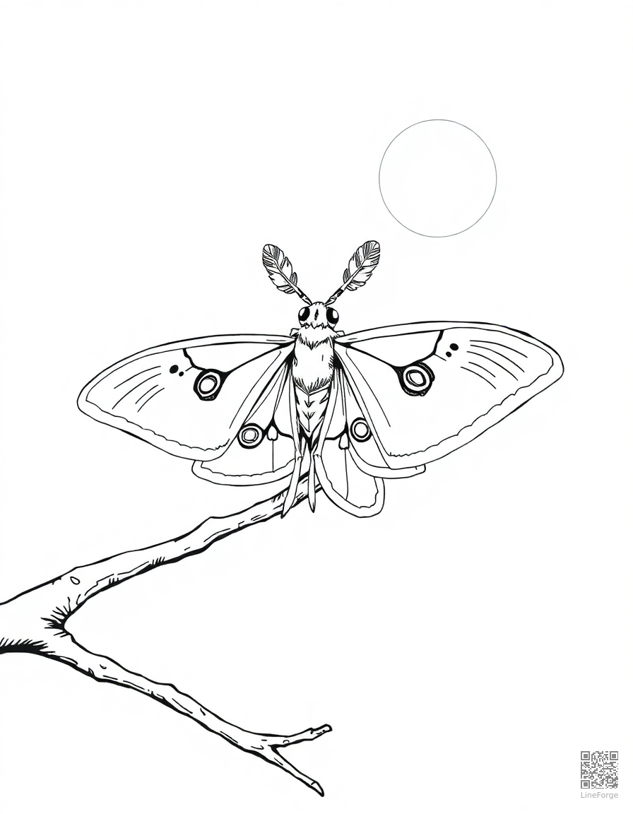 A luna moth with feathered antennae on a moonlit branch coloring page Manga style free printable
