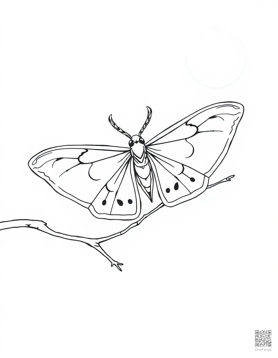 A luna moth with feathered antennae on a moonlit branch coloring page Minimal style - free printable
