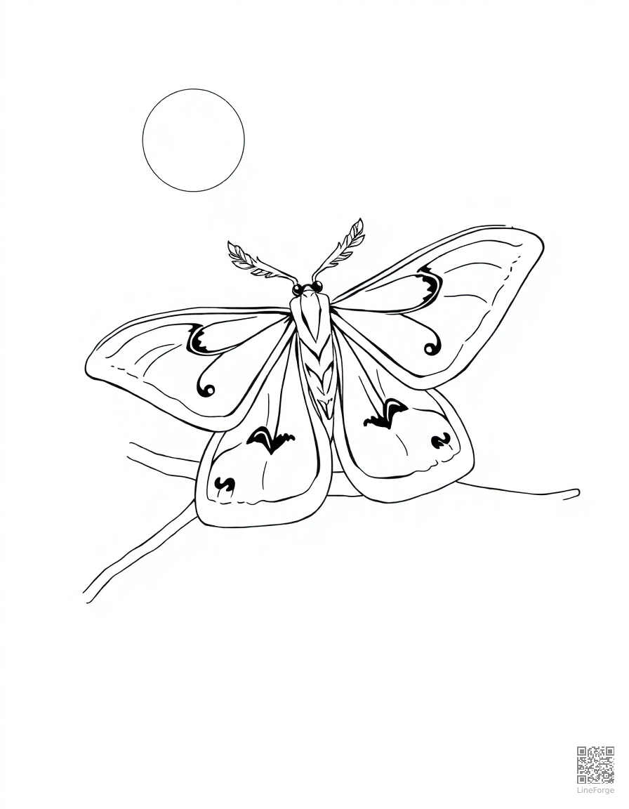 A luna moth with feathered antennae on a moonlit branch coloring page Minimal style - free printable