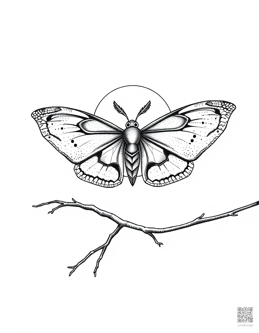 A luna moth with feathered antennae on a moonlit branch coloring page Stipple style free printable
