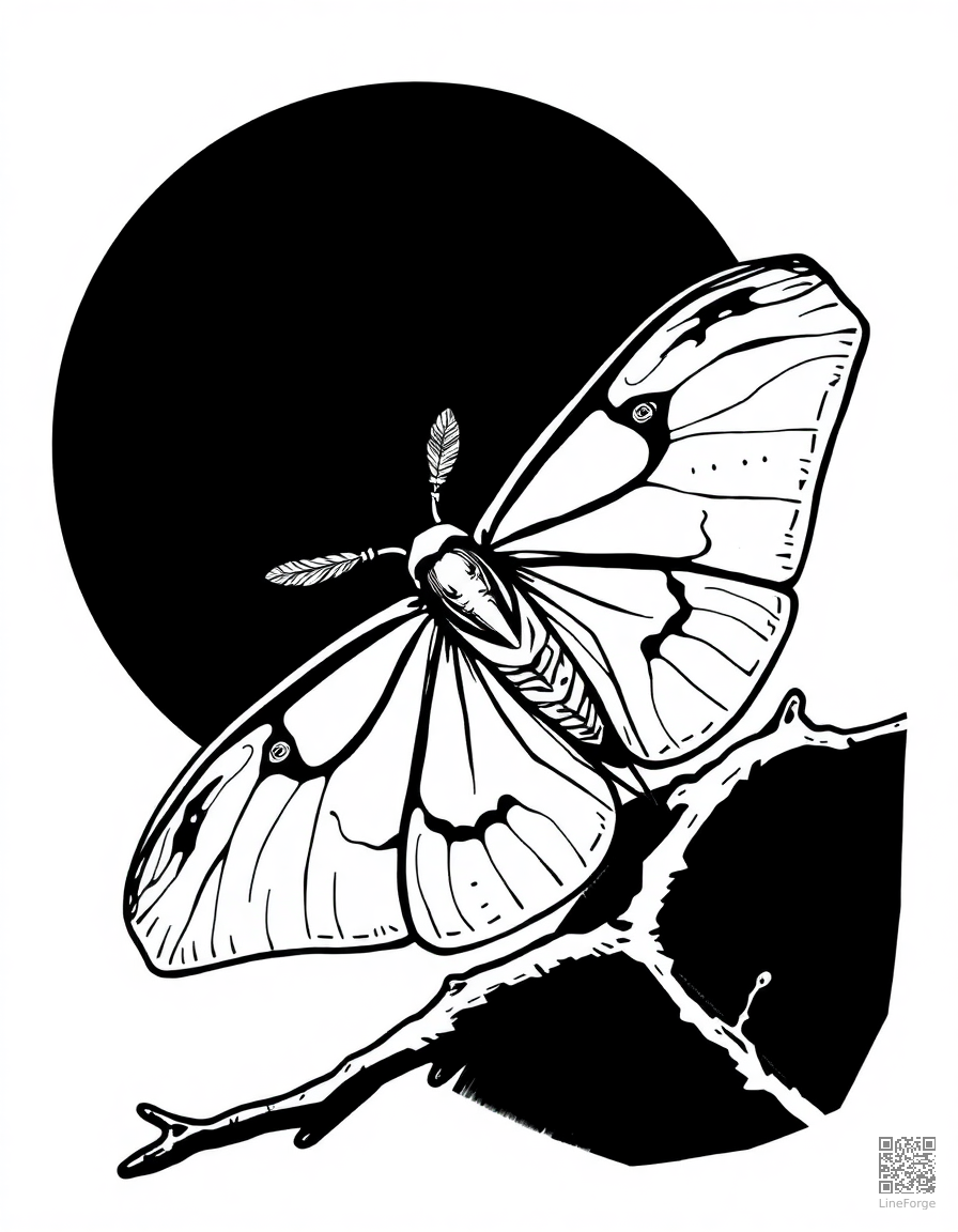 A luna moth with feathered antennae on a moonlit branch coloring page Woodcut style free printable