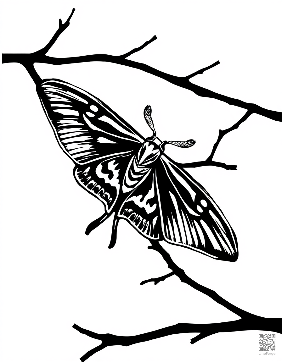 A luna moth with feathered antennae on a moonlit branch coloring page Woodcut style - free printable