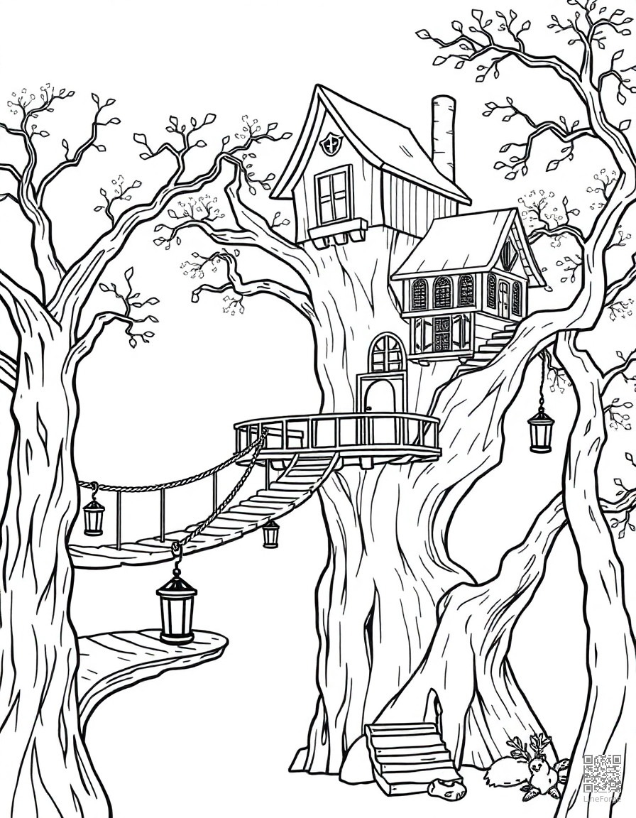A magical treehouse with rope bridges and lanterns coloring page Contour style - free printable