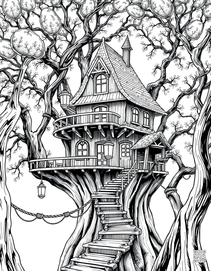 A magical treehouse with rope bridges and lanterns coloring page Crosshatch style - free printable